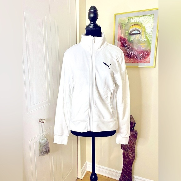 Puma full zip sweatshirt w/ shorter front,  longer back. Pockets. White & black. - Picture 2 of 11